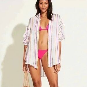 Playa Linen Boyfriend Shirt - Sunny Stripe EcoLinen. SMALL